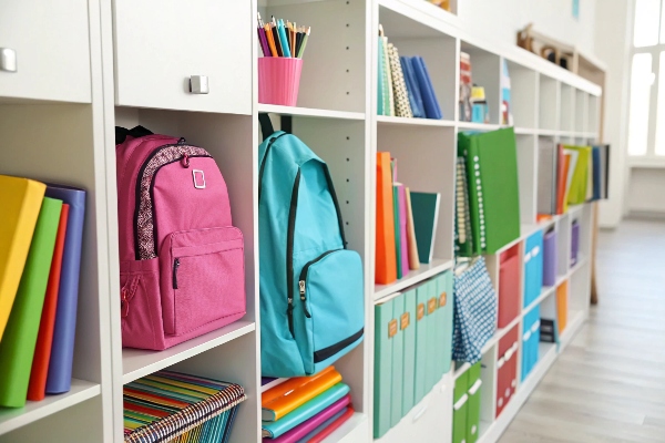 Colorful shelves with backpacks, books, and school supplies neatly organized