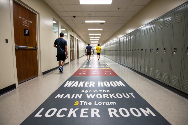 Gym hallway with lockers and signs for locker room