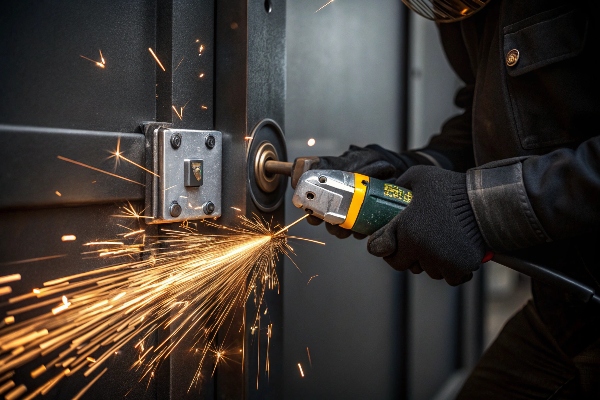 Person using a grinder to cut a lock, sparks flying