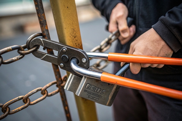 Person cutting a chain lock with bolt cutters