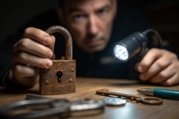 Person examining a rusted padlock with tools and a flashlight