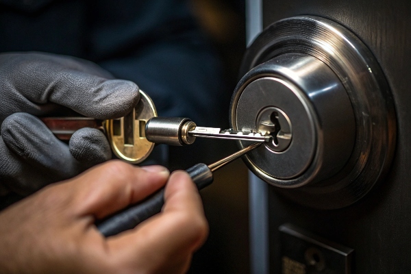 Locksmith using tools to pick a lock while inserting a key