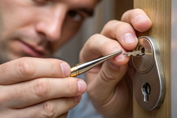 Person picking a lock with a lockpicking tool