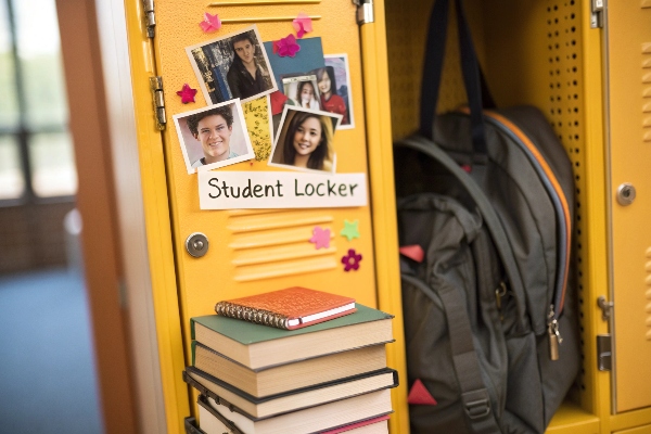 Yellow student locker with photos, books, and backpack