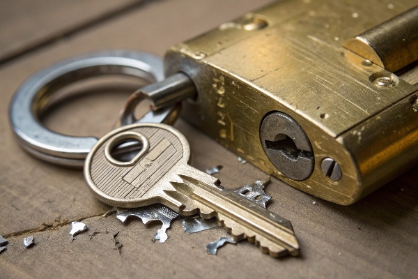 Close-up of a key and a broken padlock on a wooden surface