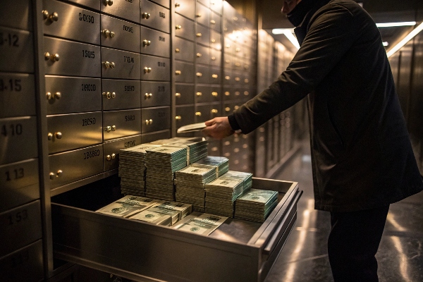 Person accessing safety deposit box filled with cash, showcasing secure storage for valuable assets