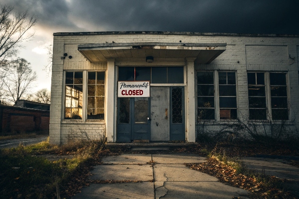 Abandoned building with 'Permanently Closed' sign, highlighting economic decline and disuse