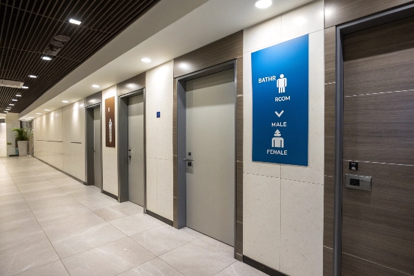 Bathroom doors with signs indicating male and female restrooms