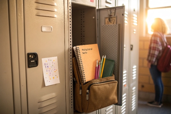 Open school locker with organizer, notebooks, and pencils