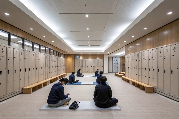 Locker room with students seated on mats, lockers and benches around