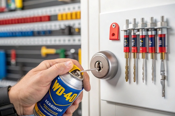 Person applying WD-40 lubricant to a lock, locksmith tools in the background