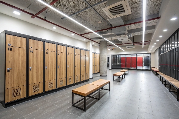 Locker room with wooden lockers and benches