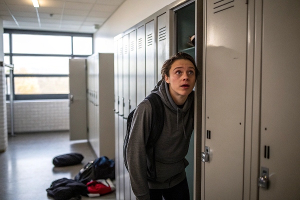 Student looking inside a school locker, confused expression