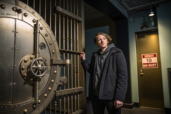 Person standing near a large bank vault door, symbolizing security and high-value storage