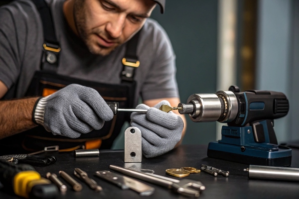 Locksmith using a power tool for key cutting or lock repair