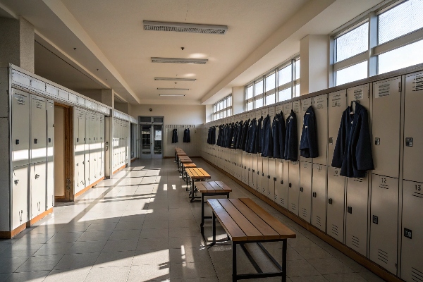 Locker room with lockers, benches, and hanging jackets