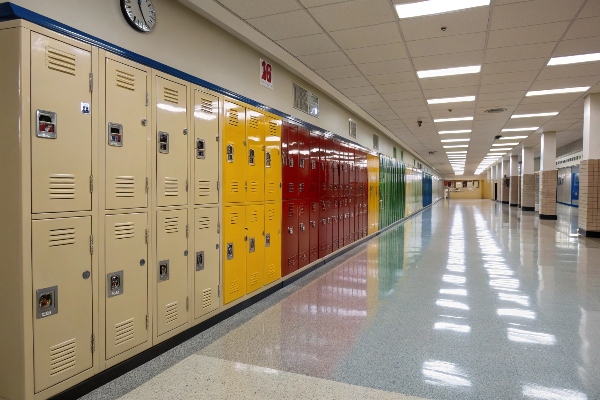 Colorful school lockers in a long hallway