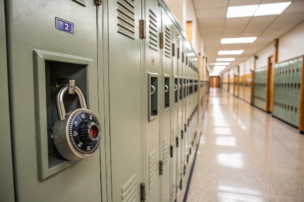 School hallway with green lockers and combination lock