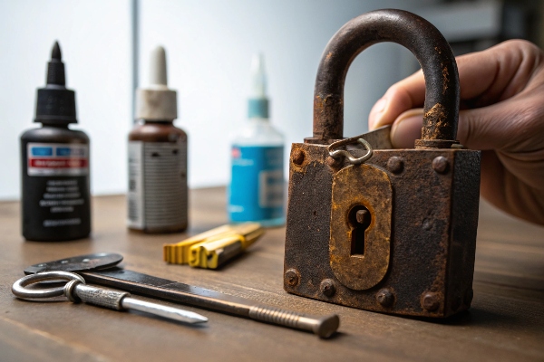 Rusty padlock and locksmithing tools, with lubricants and keys