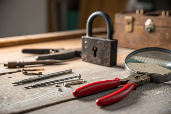 Tools and a padlock on a workbench, with a magnifying glass