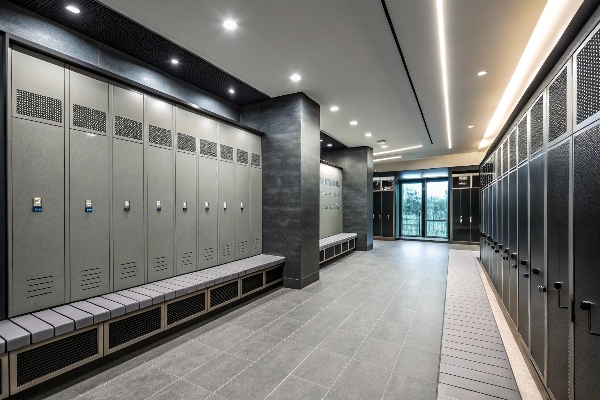 Locker room with gray lockers and built-in seating