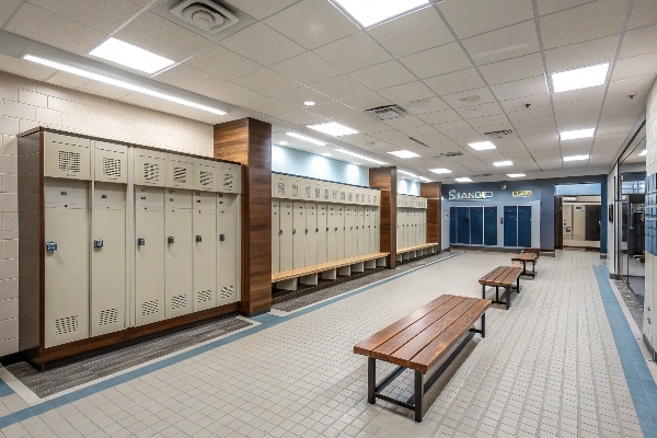 Locker room with beige lockers and wooden benches