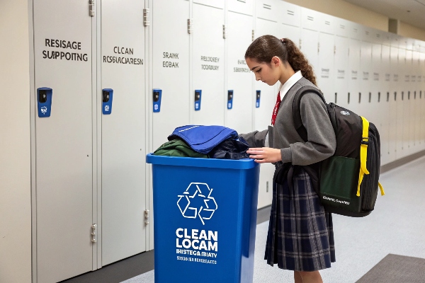 Student in uniform recycling clothes near school lockers