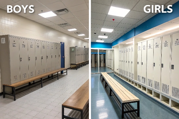 Comparison of boys' and girls' locker rooms with benches and lockers