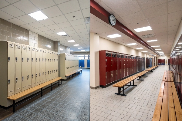 Side-by-side comparison of two different locker room designs