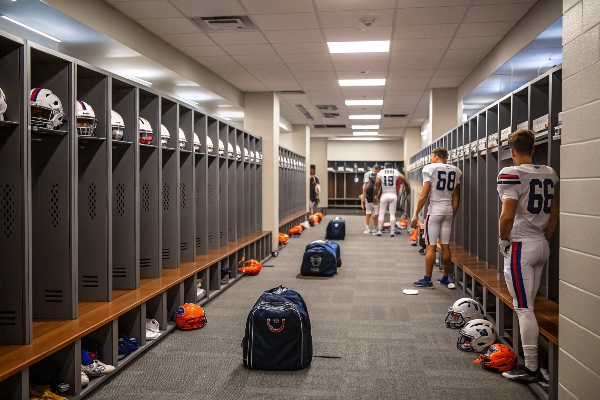 Football team in locker room with helmets and uniforms organized