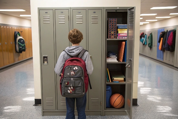 Student opening a locker with books and a basketball inside