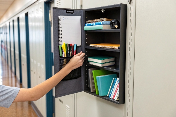 Organized locker with notebooks, pens, and supplies neatly stored