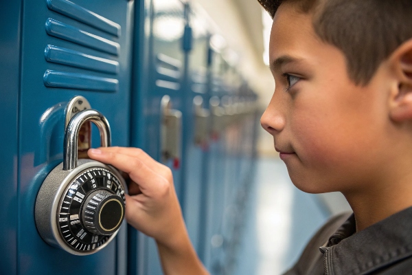 Student unlocking a blue school locker with a combination padlock