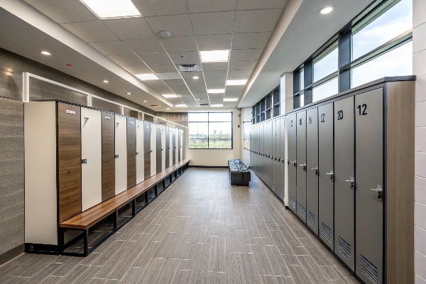 Modern locker room with wooden and numbered lockers