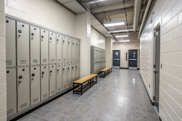 Simple locker room with lockers and benches in a hallway