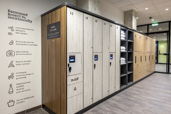 Locker room with wooden and electronic lockers