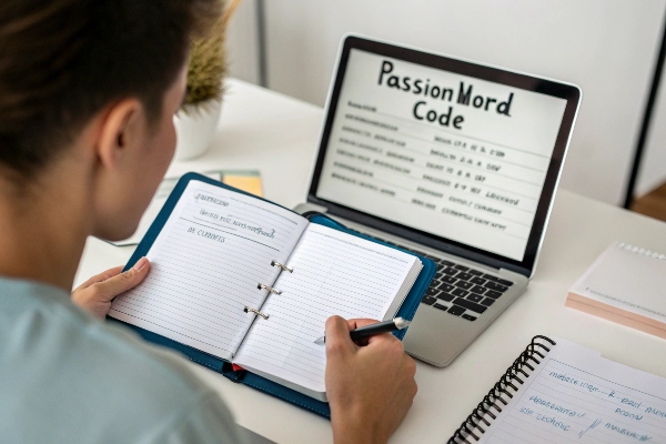 Person writing in a notebook while looking at a computer screen with code