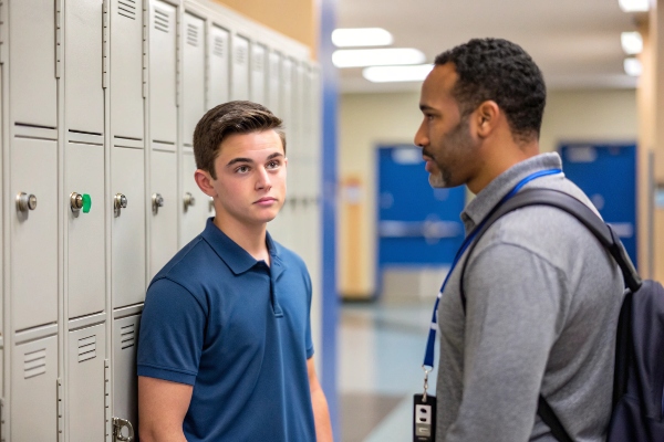 Student and teacher having a conversation near school lockers