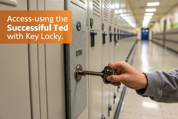 Hand unlocking a school locker with a key, text overlay present