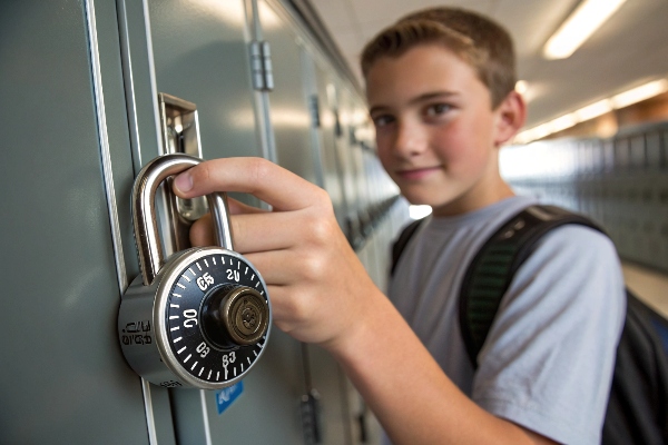 Student unlocking a school locker with a combination padlock