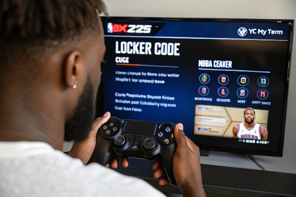 Person playing video game with locker code on screen