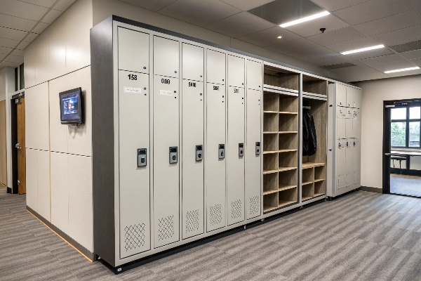 Modern storage lockers with integrated open shelving and digital locks