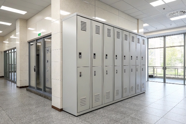 Modern metal lockers in a bright, spacious facility