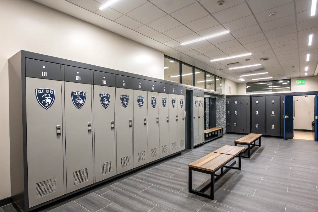 Modern sports locker room with branded metal lockers and benches